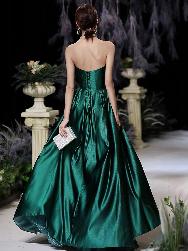 Modern Evening Dress A-Line Strapless Satin Fabric Floor-Length Pleated Formal Party Dresses Forest Green Pageant Dress-showprettydress