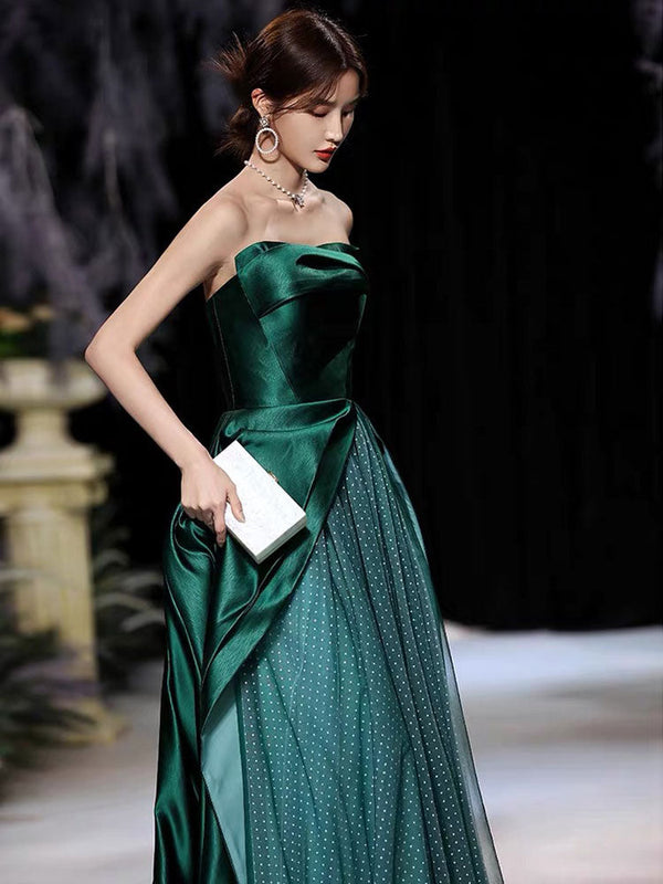 Modern Evening Dress A-Line Strapless Satin Fabric Floor-Length Pleated Formal Party Dresses Forest Green Pageant Dress-showprettydress