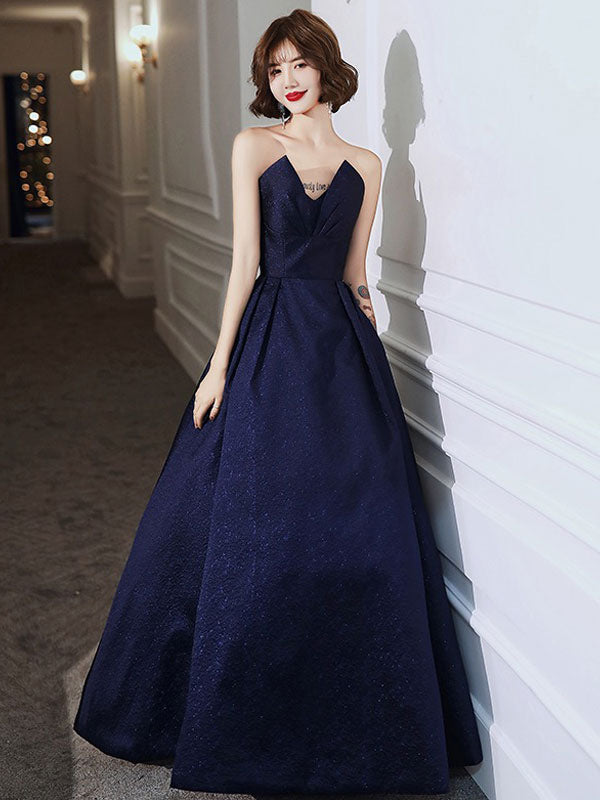 Modern Evening Dress A-Line Strapless Satin Fabric Floor-Length Pleated Social Party Dresses-showprettydress