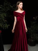 Modern Evening Dress A Line V Neck Matte Satin Floor Length Pleated Social Party Dresses-showprettydress