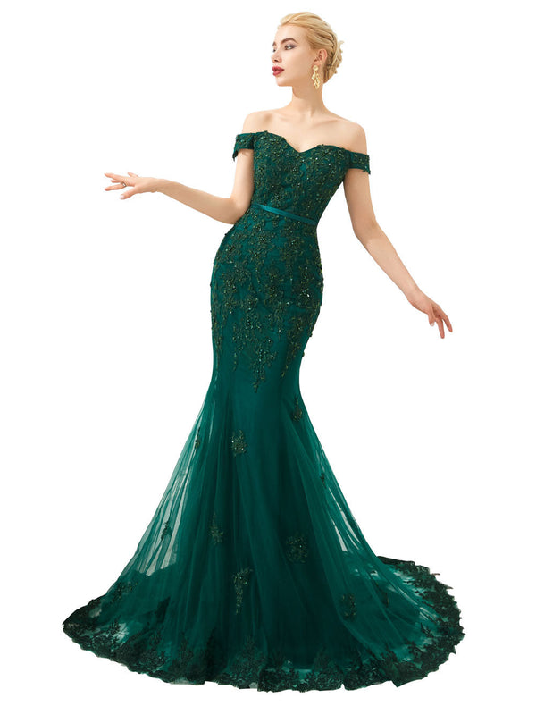 Modern Evening Dress Luxury Handmade Beading Mermaid Off Shoulder Short Sleeve Formal Dinner Dresses With Train-showprettydress