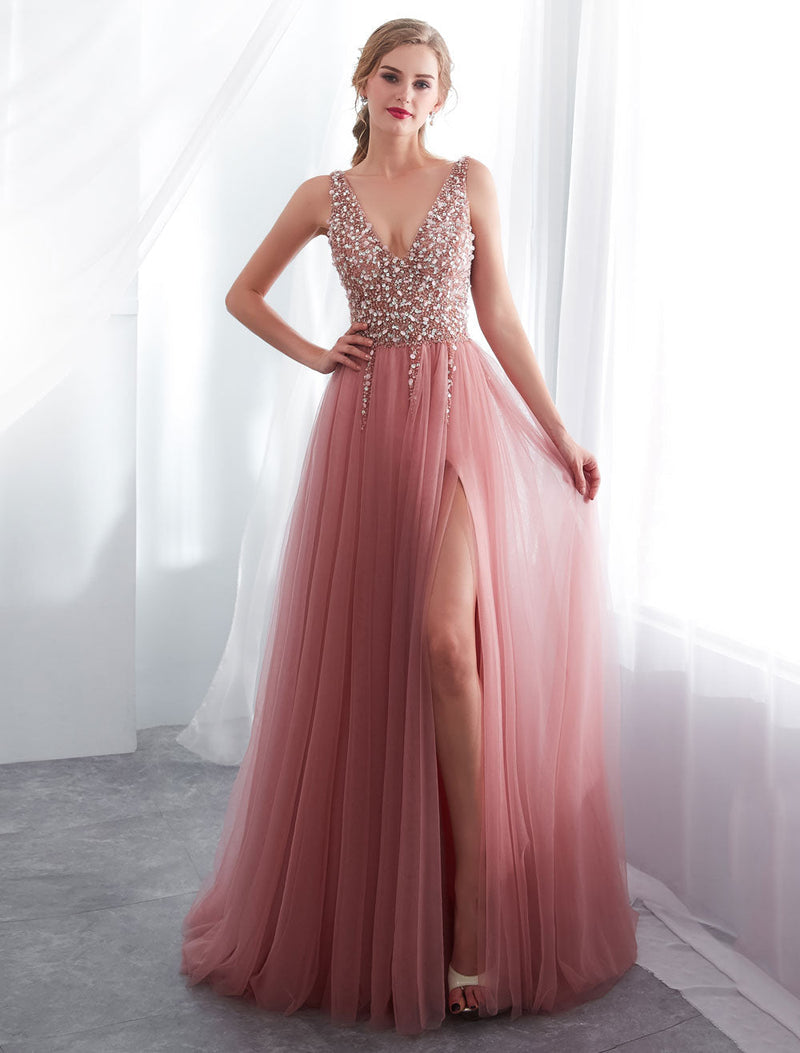 Modern Evening Dresses Cameo Pinkv Neck Beading A Line Formal Evening Dress With Train-showprettydress