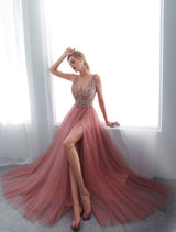 Modern Evening Dresses Cameo Pinkv Neck Beading A Line Formal Evening Dress With Train-showprettydress