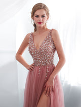 Modern Evening Dresses Cameo Pinkv Neck Beading A Line Formal Evening Dress With Train-showprettydress