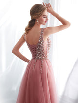 Modern Evening Dresses Cameo Pinkv Neck Beading A Line Formal Evening Dress With Train-showprettydress