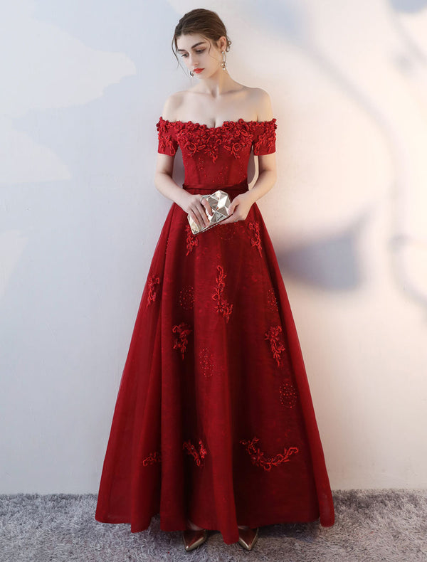 Modern Evening Dresses Long Burgundy Off The Shoulder evening dress Lace Applique Heavy Beading Sash Floor Length Formal Evening Dress-showprettydress