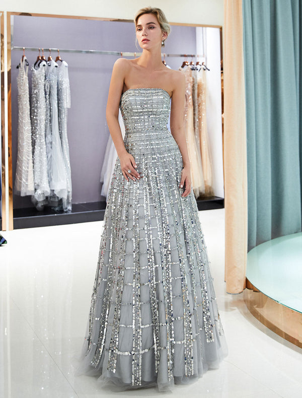 Modern Evening Dresses Long Strapless Sequin Light Grey Floor Length Luxury Women Pageant Dress-showprettydress