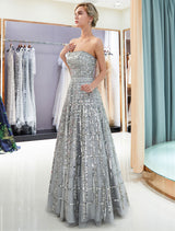 Modern Evening Dresses Long Strapless Sequin Light Grey Floor Length Luxury Women Pageant Dress-showprettydress