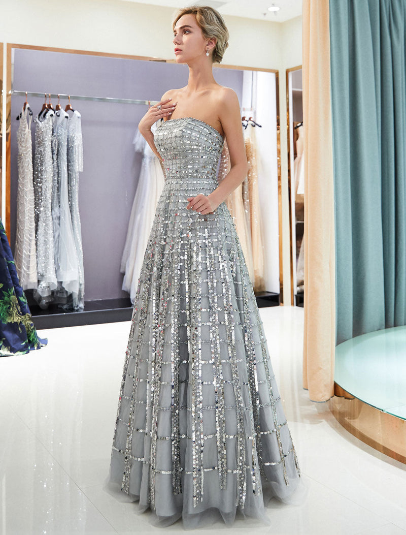 Modern Evening Dresses Long Strapless Sequin Light Grey Floor Length Luxury Women Pageant Dress-showprettydress