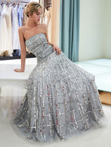 Modern Evening Dresses Long Strapless Sequin Light Grey Floor Length Luxury Women Pageant Dress-showprettydress
