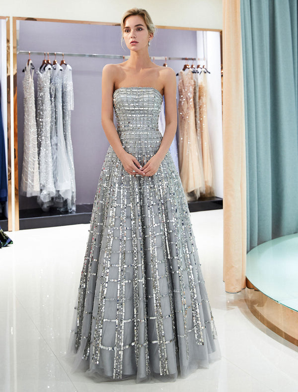 Modern Evening Dresses Long Strapless Sequin Light Grey Floor Length Luxury Women Pageant Dress-showprettydress