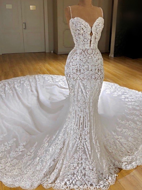 Modern Lace Mermaid Wedding Dresses Spaghetti Straps Appliques Bridal Gowns-showprettydress