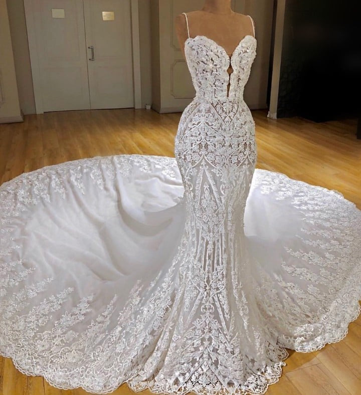 Modern Lace Mermaid Wedding Dresses Spaghetti Straps Appliques Bridal Gowns-showprettydress