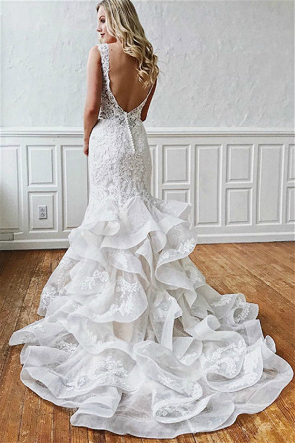 Modern Lace V Neck Mermaid Wedding Dresses Sleeveles With Ruffles-showprettydress