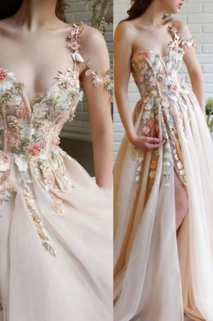 Modern Long A-line One Shoulder Flowers Tulle Prom Dress With Slit-showprettydress