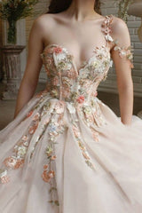 Modern Long A-line One Shoulder Flowers Tulle Prom Dress With Slit-showprettydress