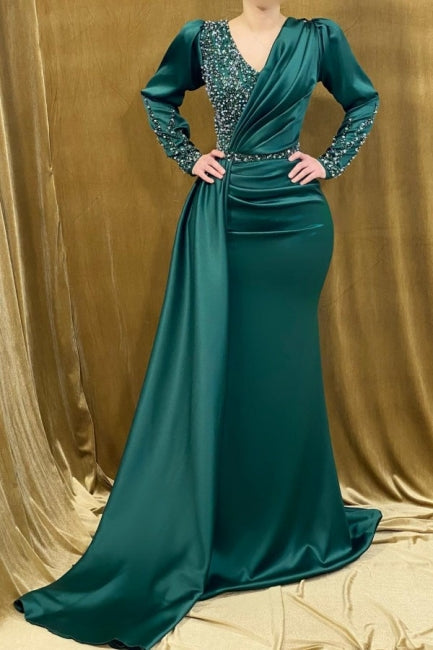 Modern Long Mermaid V neck Satin Beading Prom Dress With Sleeves Green Formal Evening Gowns-showprettydress