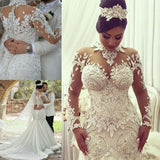 Modern Long Sleeves High Neck Lace Wedding Dress Bridal Gown-showprettydress
