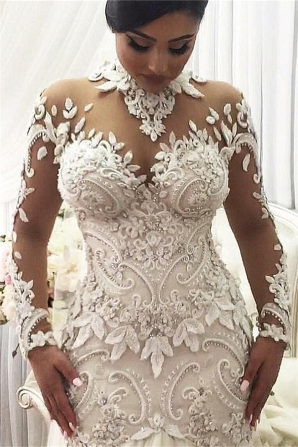 Modern Long Sleeves High Neck Lace Wedding Dress Bridal Gown-showprettydress