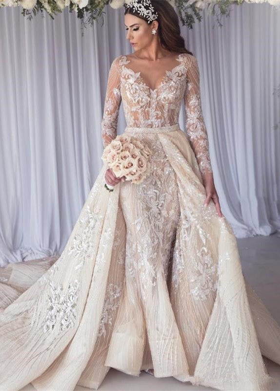 Modern Long Sleeves Lace Mermaid Overskirt Wedding Dress Bridal Gowns-showprettydress