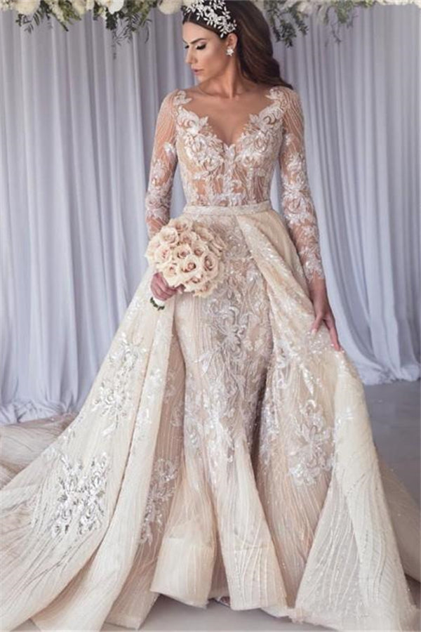 Modern Long Sleeves Lace Mermaid Overskirt Wedding Dress Bridal Gowns-showprettydress