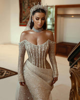 Modern Long Sleeves Mermaid Wedding Dress With Ruffles and Sequins Pleats-showprettydress