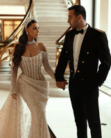 Modern Long Sleeves Mermaid Wedding Dress With Ruffles and Sequins Pleats-showprettydress