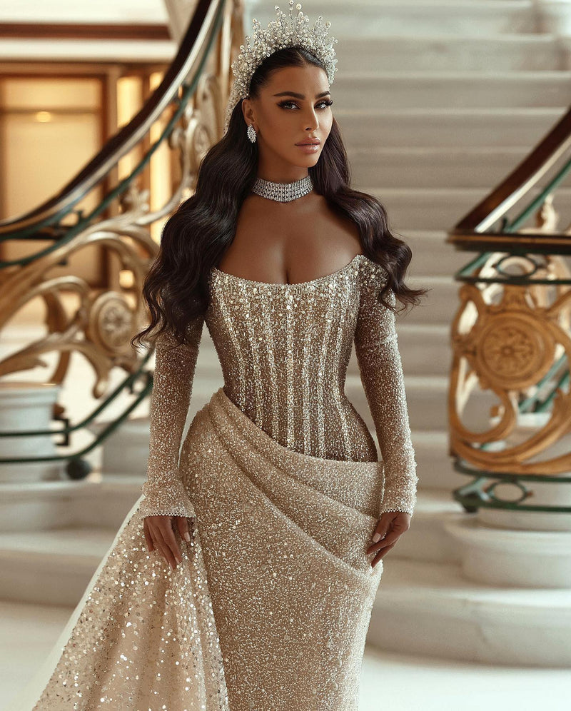 Modern Long Sleeves Mermaid Wedding Dress With Ruffles and Sequins Pleats-showprettydress