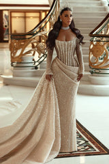 Modern Long Sleeves Mermaid Wedding Dress With Ruffles and Sequins Pleats-showprettydress