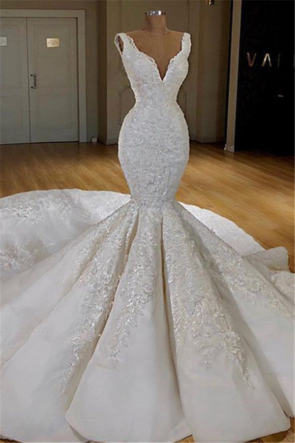 Modern Mermaid Lace Wedding Dresses Online Straps Luxurious Bridal Gowns with Long Train-showprettydress
