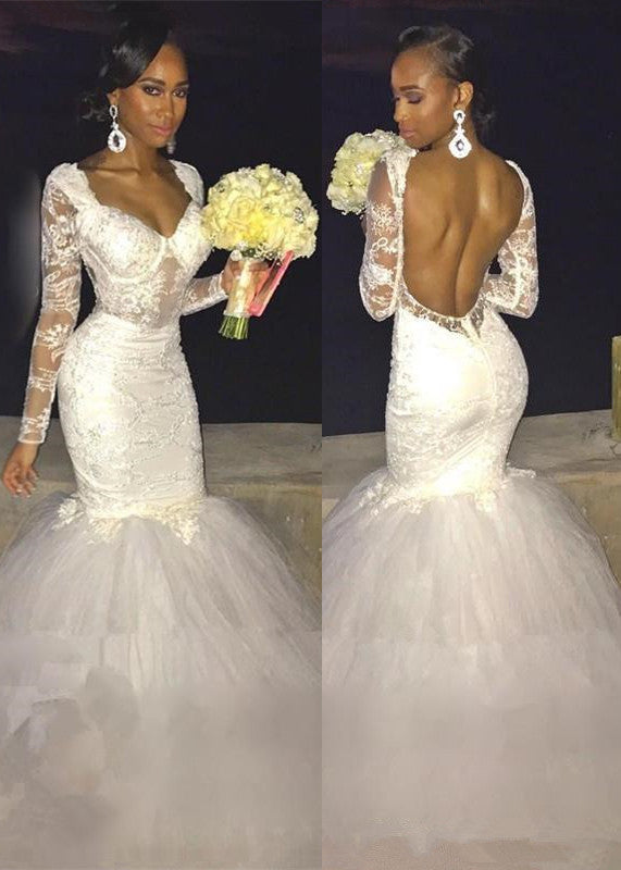 Modern Mermaid Long Sleeve Lace Backless Wedding Dress-showprettydress
