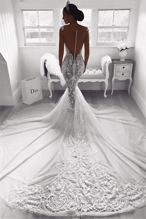 Modern Mermaid Straps Wedding Dresses Sheer Tulle Sleeveless Appliques Bridal Gowns-showprettydress