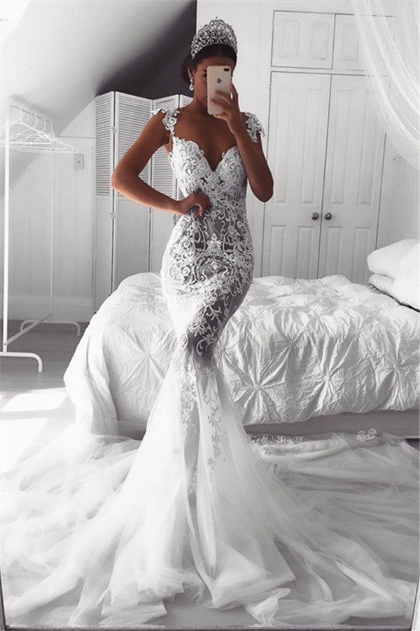 Modern Mermaid Straps Wedding Dresses Sheer Tulle Sleeveless Appliques Bridal Gowns-showprettydress