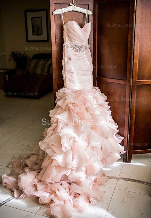 Modern Mermaid Sweetheart Wedding Dresses Pink Crystal Lace Up Lovely Ruffless Bridal Gowns-showprettydress