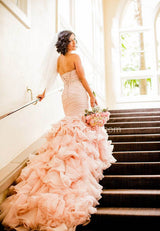 Modern Mermaid Sweetheart Wedding Dresses Pink Crystal Lace Up Lovely Ruffless Bridal Gowns-showprettydress