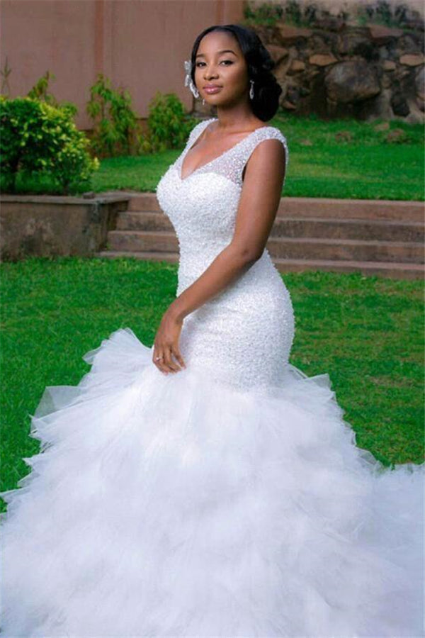 Modern Mermaid V neck Wedding Dresses Sleeveless Beading Court Train Bridal Gown-showprettydress