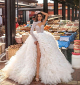 Modern One Shoulder Feather Splitfront Wedding Party Gown Glitter Sequins-showprettydress