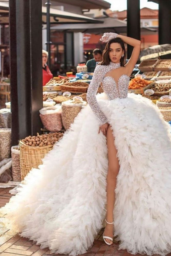 Modern One Shoulder Feather Splitfront Wedding Party Gown Glitter Sequins-showprettydress