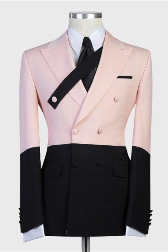 Modern Pink and Black Double Breasted Peaked Lapel Men Suits-showprettydress