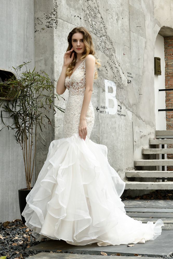 Modern See through Lace Mermaid Lace Sleeveless Ivory Wedding Dress with Ruffles Train-showprettydress