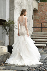 Modern See through Lace Mermaid Lace Sleeveless Ivory Wedding Dress with Ruffles Train-showprettydress