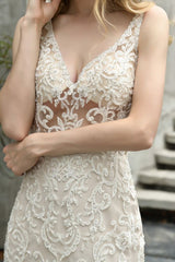 Modern See through Lace Mermaid Lace Sleeveless Ivory Wedding Dress with Ruffles Train-showprettydress