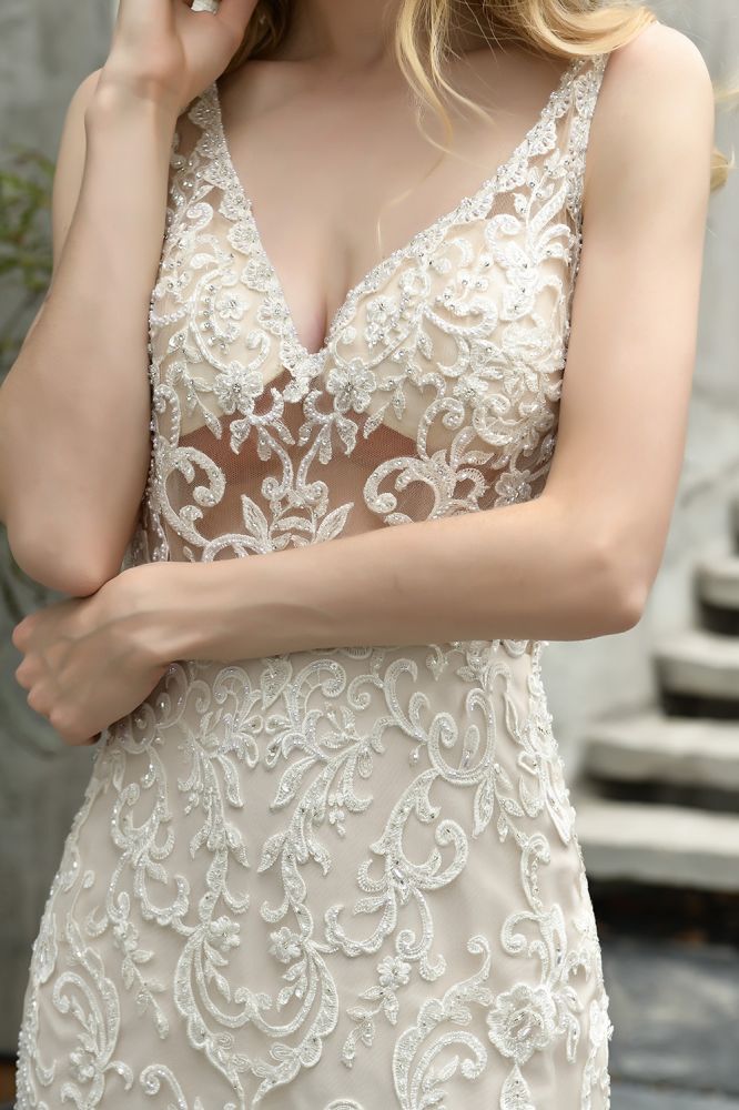 Modern See through Lace Mermaid Lace Sleeveless Ivory Wedding Dress with Ruffles Train-showprettydress