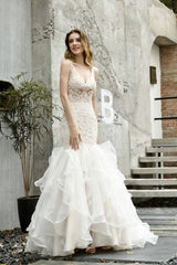 Modern See through Lace Mermaid Lace Sleeveless Ivory Wedding Dress with Ruffles Train-showprettydress