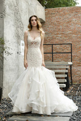 Modern See through Lace Mermaid Lace Sleeveless Ivory Wedding Dress with Ruffles Train-showprettydress