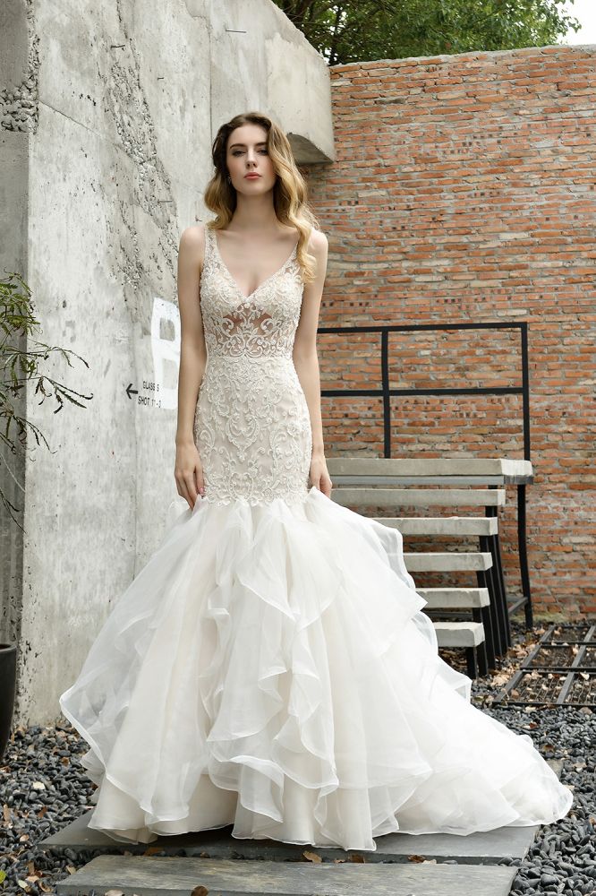Modern See through Lace Mermaid Lace Sleeveless Ivory Wedding Dress with Ruffles Train-showprettydress