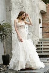 Modern See through Lace Mermaid Lace Sleeveless Ivory Wedding Dress with Ruffles Train-showprettydress