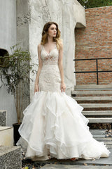 Modern See through Lace Mermaid Lace Sleeveless Ivory Wedding Dress with Ruffles Train-showprettydress