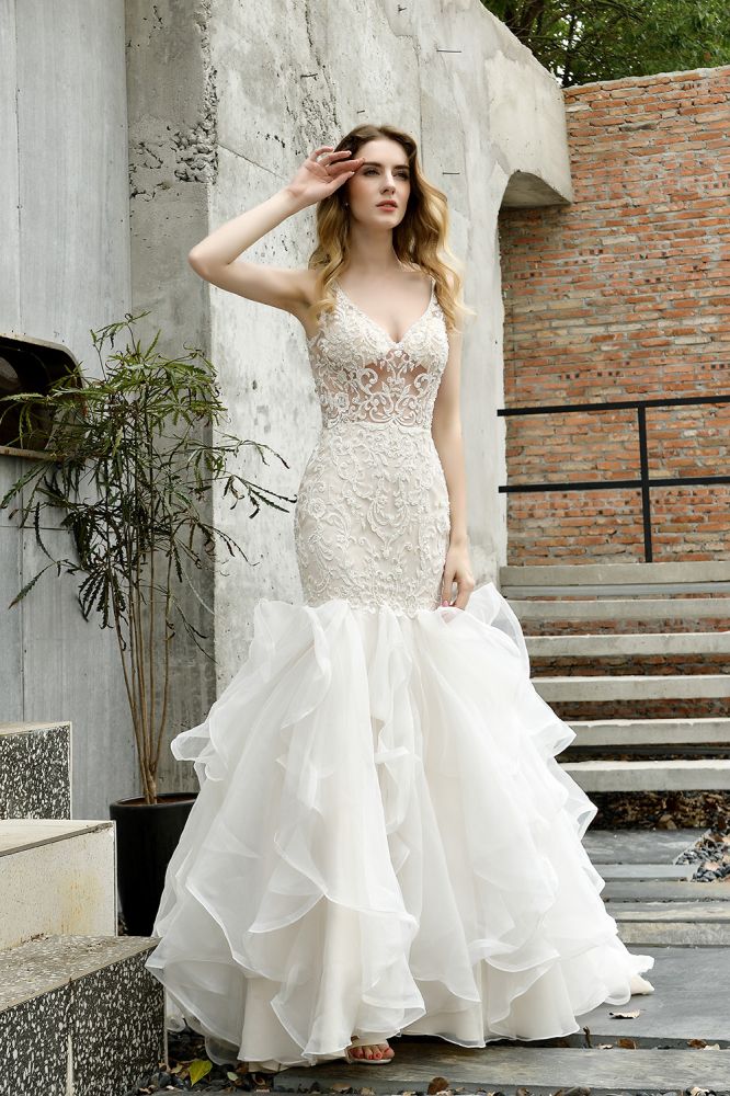 Modern See through Lace Mermaid Lace Sleeveless Ivory Wedding Dress with Ruffles Train-showprettydress