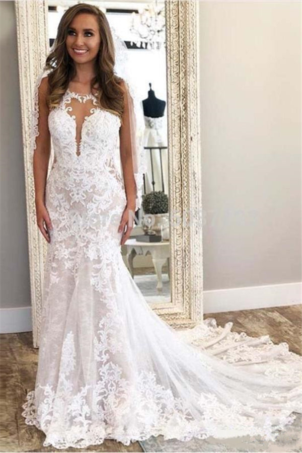 Modern Sleeveless Column Lace Wedding Dress Online-showprettydress